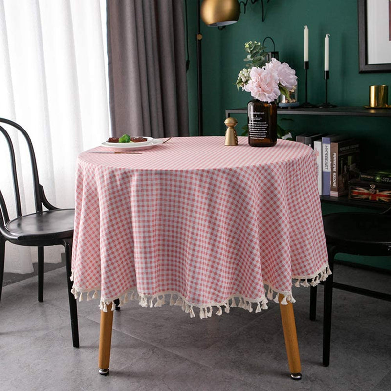 Home Decoration (Round 60 Inch, Pink & White) checkered tablecloth