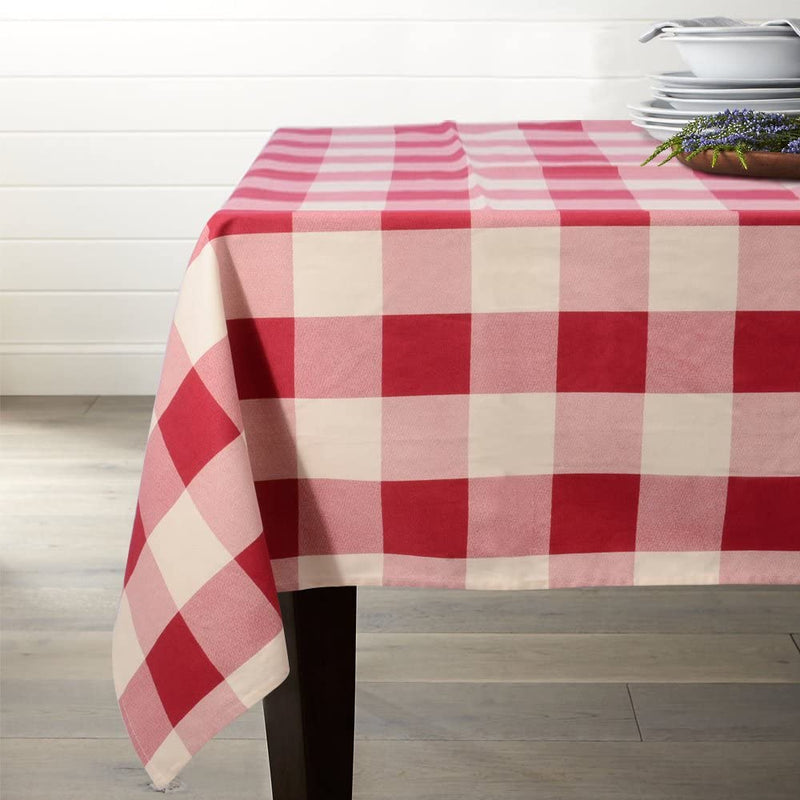 Lamberia Tablecloth Heavyweight Vintage Burlap Cotton Tablecloths for Rectangle Tables, 52-Inch-by-70, Red and White Checkered, Seats 4 to 6 People