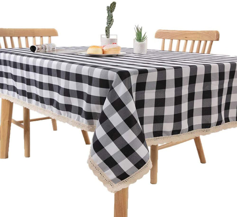 Gingham Checkered Tablecloth, Black & White Checker, Rectangular Lace Polyester Tablecloth