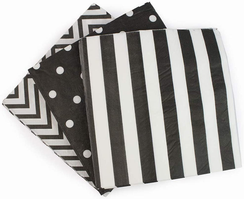 Paper Napkins White Black,  Napkins, folded 6.5” x 6.5”, unfolded 13” x 13”