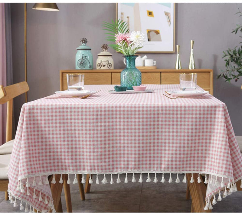 Amzali Vintage Gingham Checkered Plaid Tablecloth with Tassel Table Cover Cotton Linen Tablecloths for Dinner Party Indoor or Outdoor Use (Rectangle/Oblong, 55 x 98 Inch)