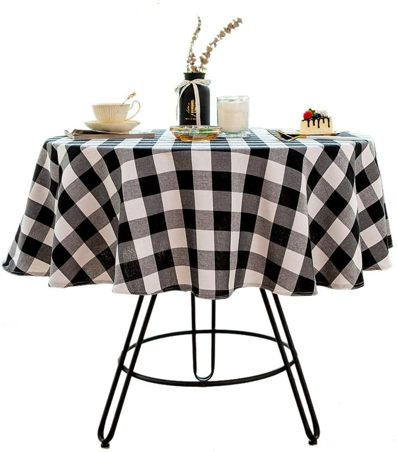 Buffalo Plaid Round Tablecloth Checkered Cotton Linen Table Cover,round 55 inch black and white