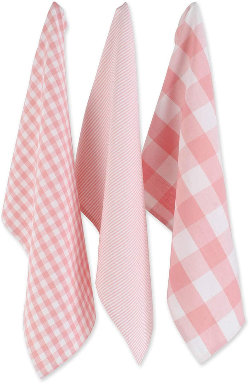 DII 100% Cotton Gingham Check Kitchen Collection, Pink and white, Dishtowel Set, 3 Piece