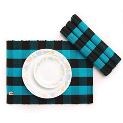 Blue and Black Buffalo Check Placemats, Cotton Checkered, Set of 4