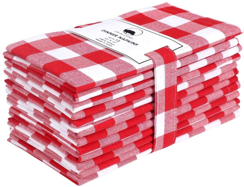 Cotton Napkin Set of 12, 18x18 inches, Red White Checks