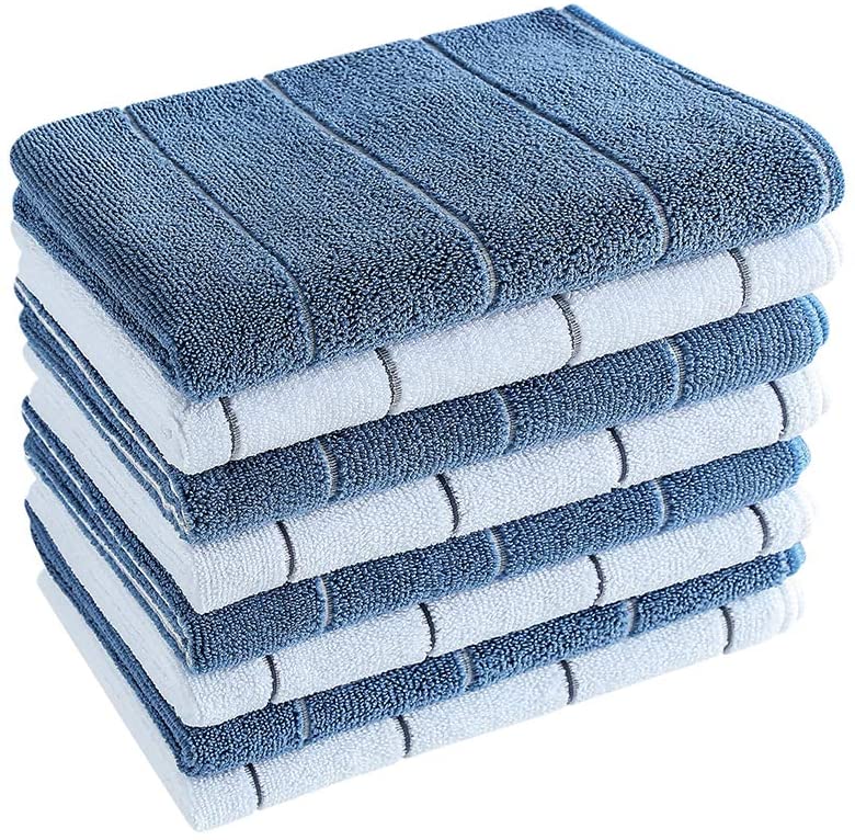 Dish Towels, 8 Pack (Stripe Designed Blue and White Colors), 26 x 18 Inch