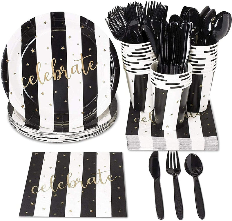 Black and Gold Striped Celebrate Plates, Napkins, Cups, and Cutlery (Serves 24, 144 Pieces)