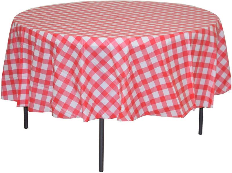 12 Pack Premium Round Plastic Checkered BBQ Tablecloth - Red & White Gingham Checkerboard 84 Inch