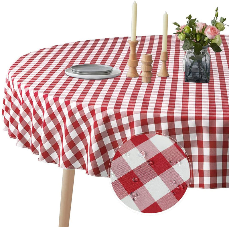 VEEYOO Waterproof Checkered Tablecloth - 70 inch Round Tablecloth Red and white