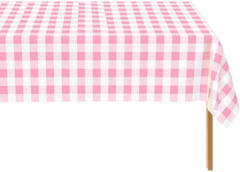 Pink Checkered Gingham 12 Pack Standard Disposable Plastic Party Tablecloth 54 Inch. x 108 Inch. Rectangle Table Cover By Zimpleware