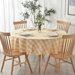 90 Inch Yellow and White checkered tablecloth round