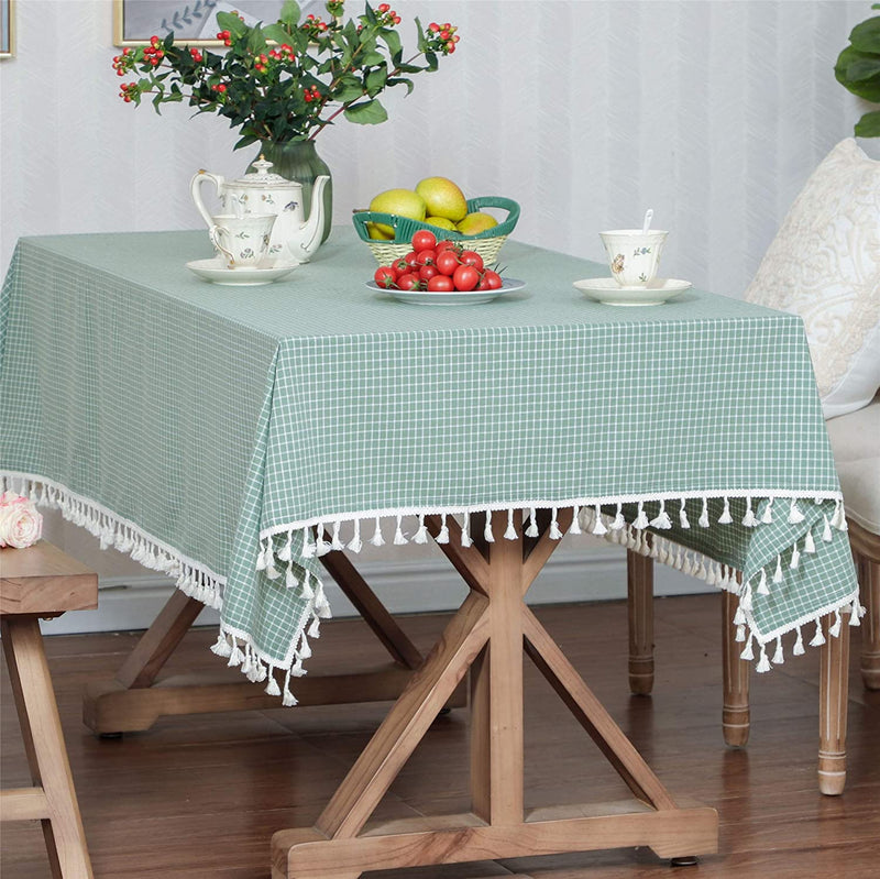 LUCKYHOUSEHOME Green and White Checkered Tassel Rectangular Tablecloth Cotton Linen Rural Home Kitchen Dinning Tabletop Table Cover 55 x 86 Inch