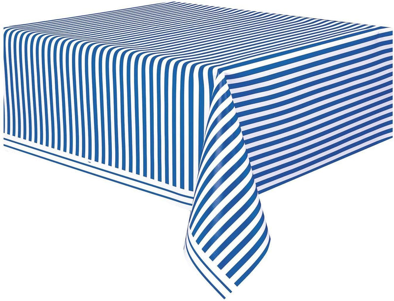 Royal Blue Striped Plastic Tablecloth, 108" x 54"