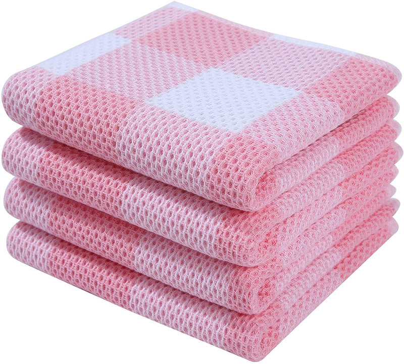 Kitchen Towels, 13 x 28 Inches,  Dish Towels for Drying Dishes, 4-Pack, White & Pink