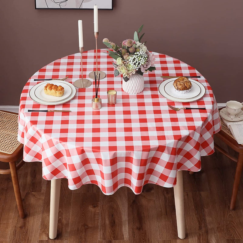 60" Round Tablecloth, Checkered Vinyl Table Cloth Red and white