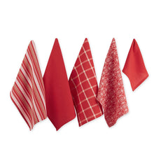 DII Assorted Woven Kitchen Set, Dishtowel, 18x28; Dishcloth, 13x13, Red, 5 Piece Red and white