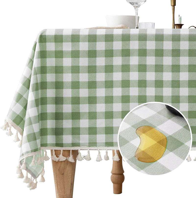 Checkered Table Cover Rectangle Buffalo Waterproof with Tassel Tablecloth Spillproof Stain Resistant Oilcloth for Dining Kitchen Outdoor Picnic Green and White Plaid 55" x 70"