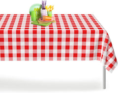 Red Gingham Checkered 12 Pack Premium Disposable Plastic Picnic Tablecloth 54 Inch. x 108 Inch. Decorative Rectangle Table Cover By Grandipity