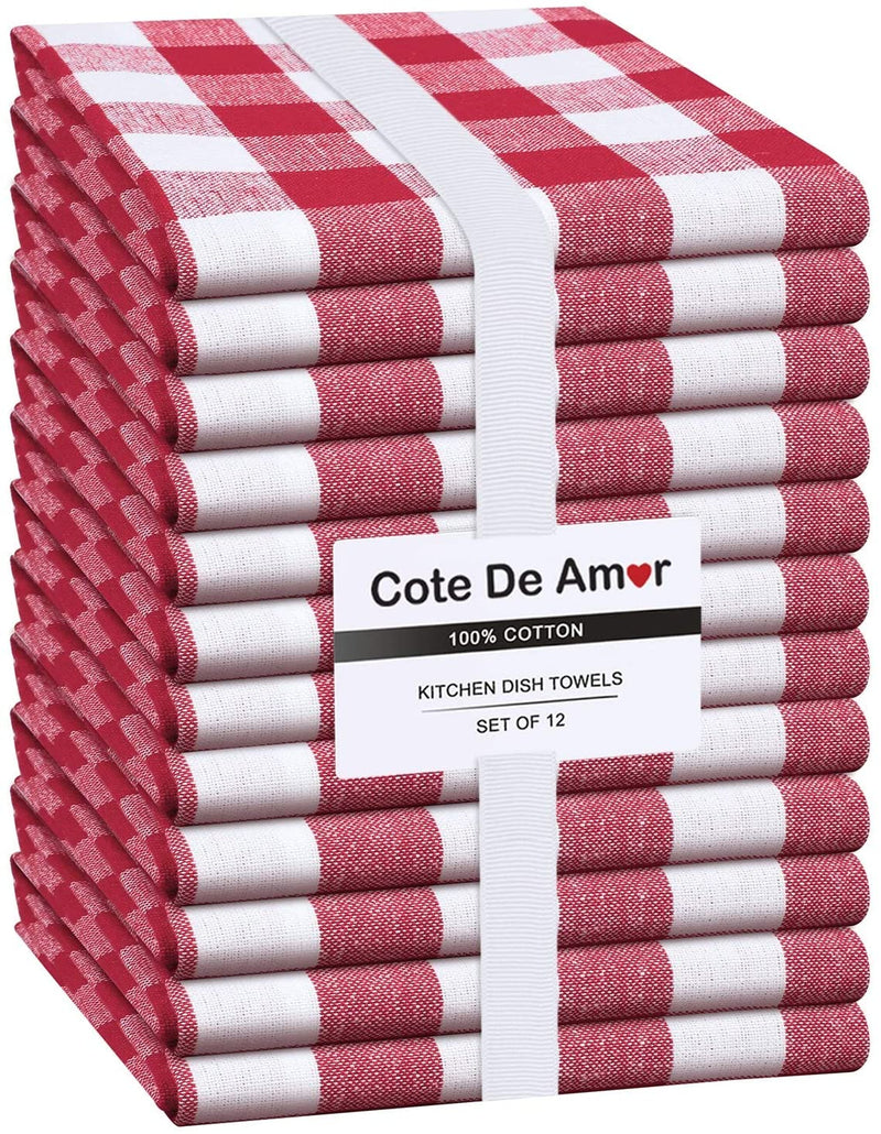 Set of 12 Cotton Kitchen Dish Towels 16x26, Red and white