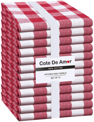 Set of 12 Cotton Kitchen Dish Towels 16x26, Red and white