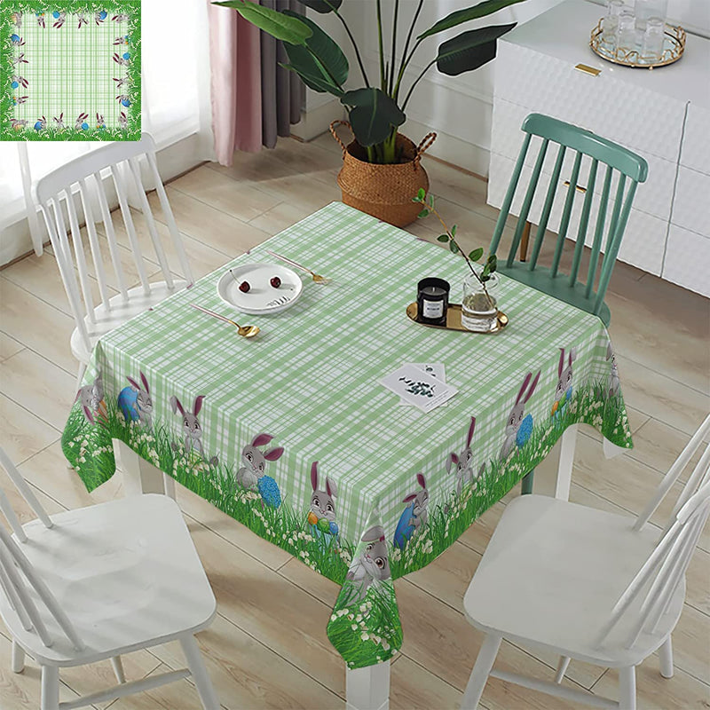 Water proof Washable Polyester , Green White Checkered Bunny Colorful Eggs Grass 60 x 60 Inch