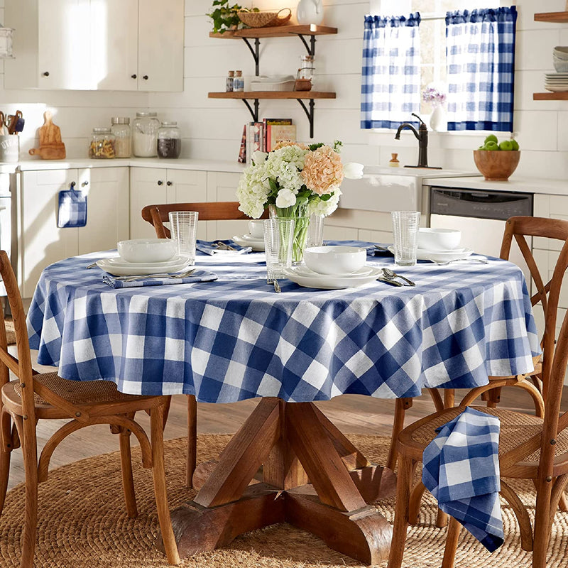 Living Buffalo Check Tablecloth, 70" Round, Blue/White