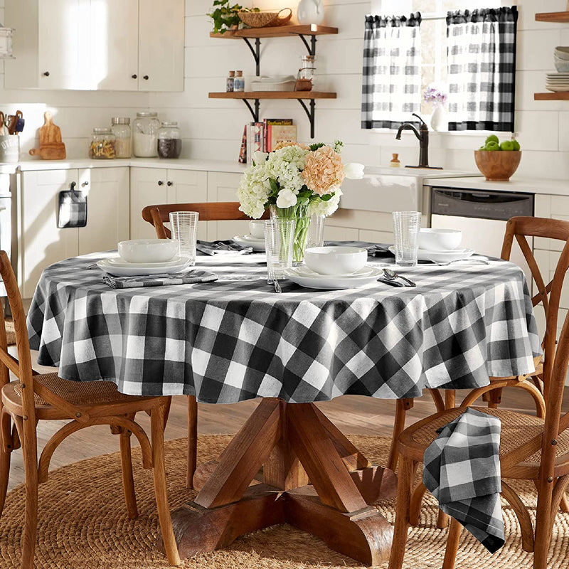 Living Buffalo Check Tablecloth, 70" Round, Black/White