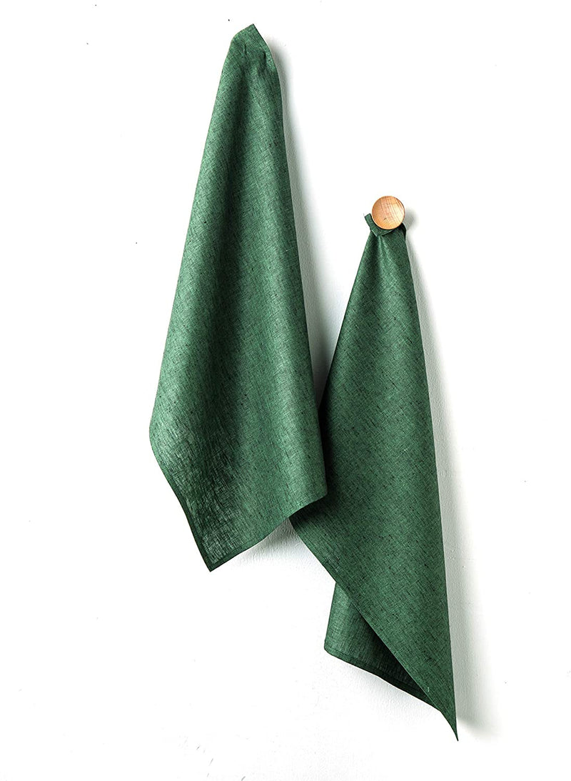 Kitchen Towel - 100% Pure Linen 17 x 26 Inch Set of 2, Forest Green and white