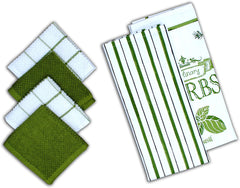 Kitchen Towels (28” x 18”) and 4 Terry Dishcloths (12” x 12”) | 100% Cotton  Green and white