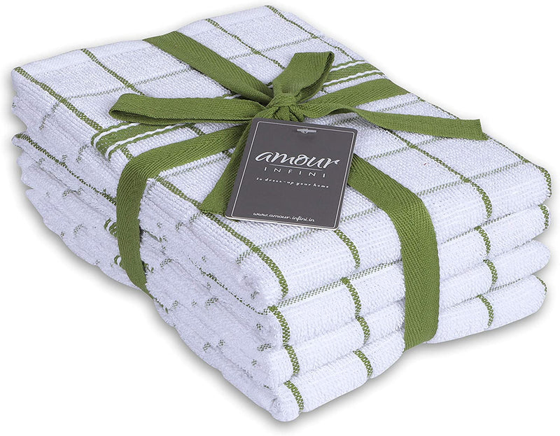 Terry Kitchen Towels | Set of 4 | 18 x 28 Inches 100% Cotton Dish Towels Green and white