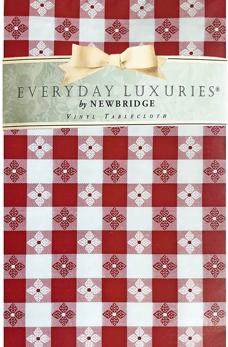 Newbridge Bistro Tavern Check Vinyl Flannel Backed Tablecloth - Cafe Checkered Indoor/Outdoor Vinyl Picnic, BBQ and Dining Tablecloth - 60” x 84” Oval, Red