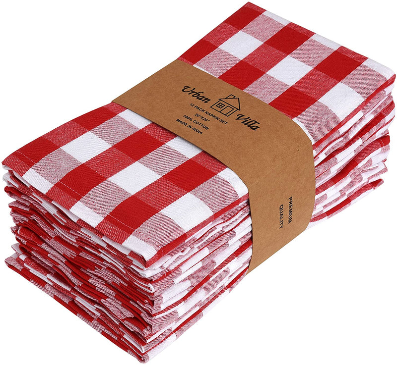 Dinner Napkins, 100% Cotton, Set of 12, Size 20X20 Inch, Red/White