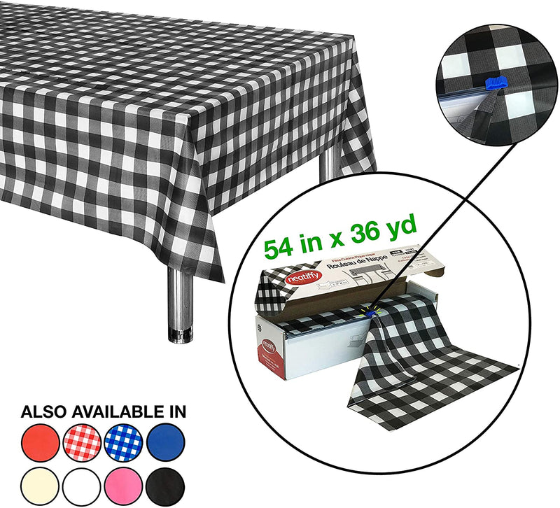 Disposable Plastic Tablecloth Roll | 54 in x 108 Ft Waterproof Tablecloth | Table Cover for Rectangle - Black Checkered