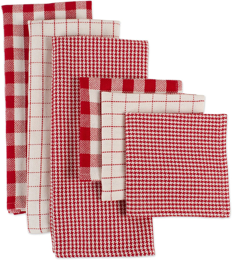 Dishtowel & Dishcloth Set, Holiday Checks, 6 Piece Red and white