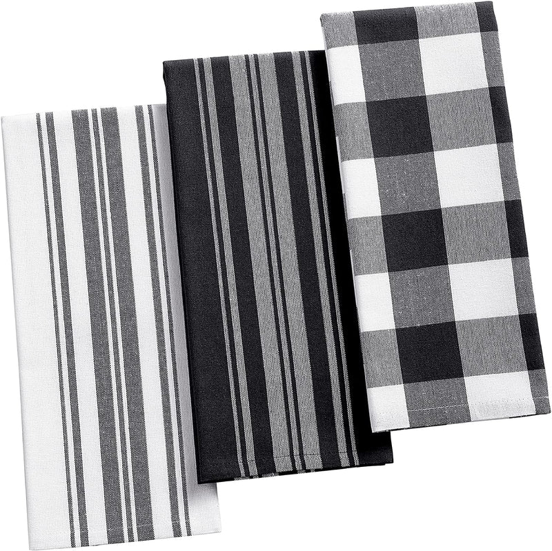 Kitchen Towels, Set of 3, 17" x 28", Black/White 3