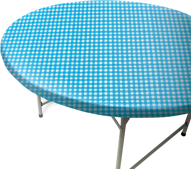 55" to 60" Inch Round Tablecloth Elastic White & Blue Checkered Large Round TableCover