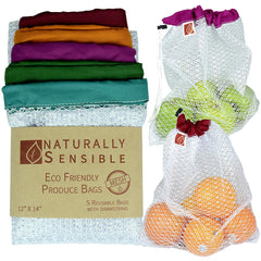 Organic Cotton mesh Produce Bags - See Through and Washable Premium Set of 5