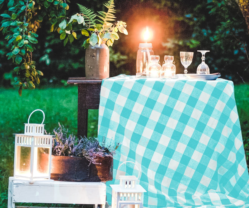 Cotton Checkered Tablecloth for Rectangular Tables - Aqua Blue