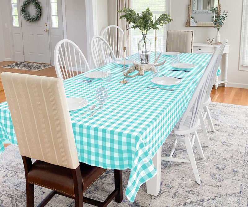 Fall Plaid Tablecloth Rectangle, Cotton Checkered Tablecloths - Aqua Blue